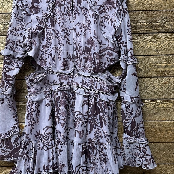 ASOS DESIGN frill mini dress with button detail in dusty purple toile du jouy - Picture 9 of 9